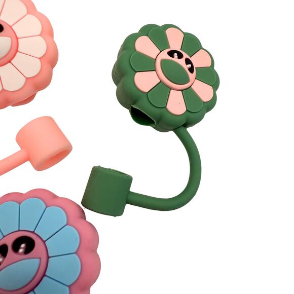 Smiley Flower Silicone Straw Toppers Set of 3 Fits 10mm Straws Cute Girly Floral - Picture 2 of 4